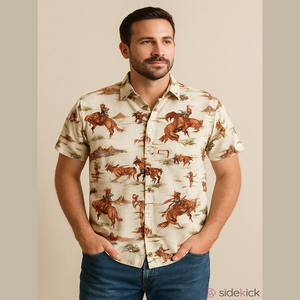 Cream Casual Button Down Shirt with Western Pattern